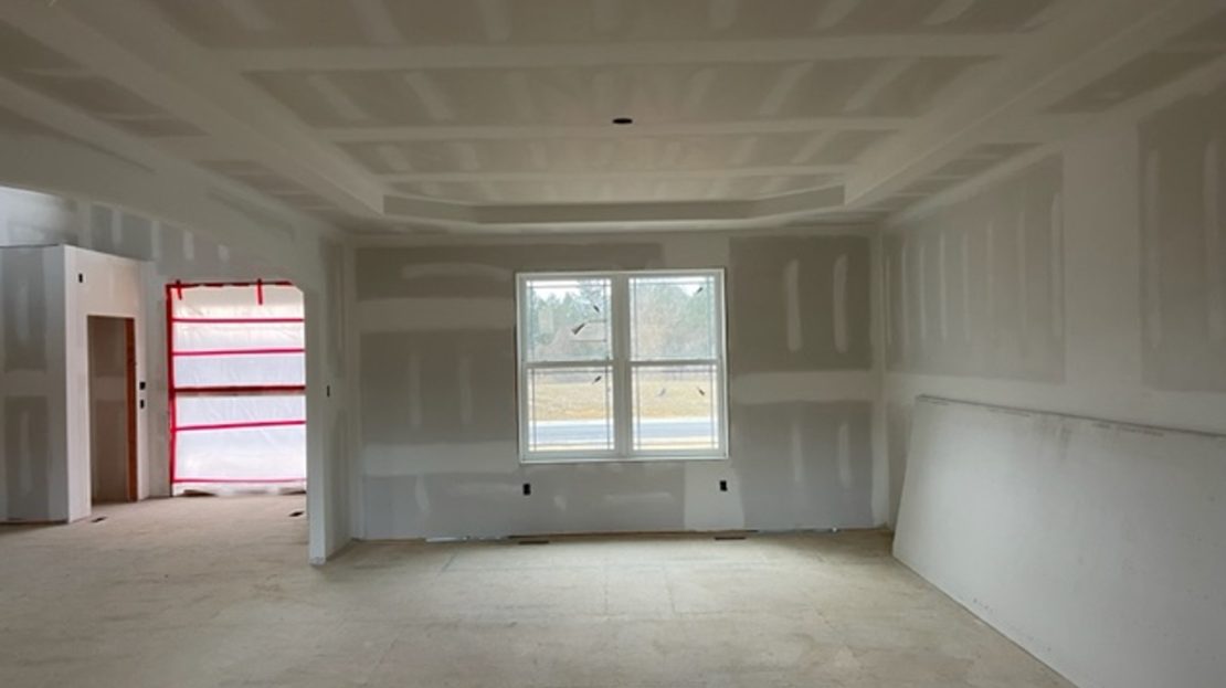 under construction, drywall finish, dining room, cathedral ceiling